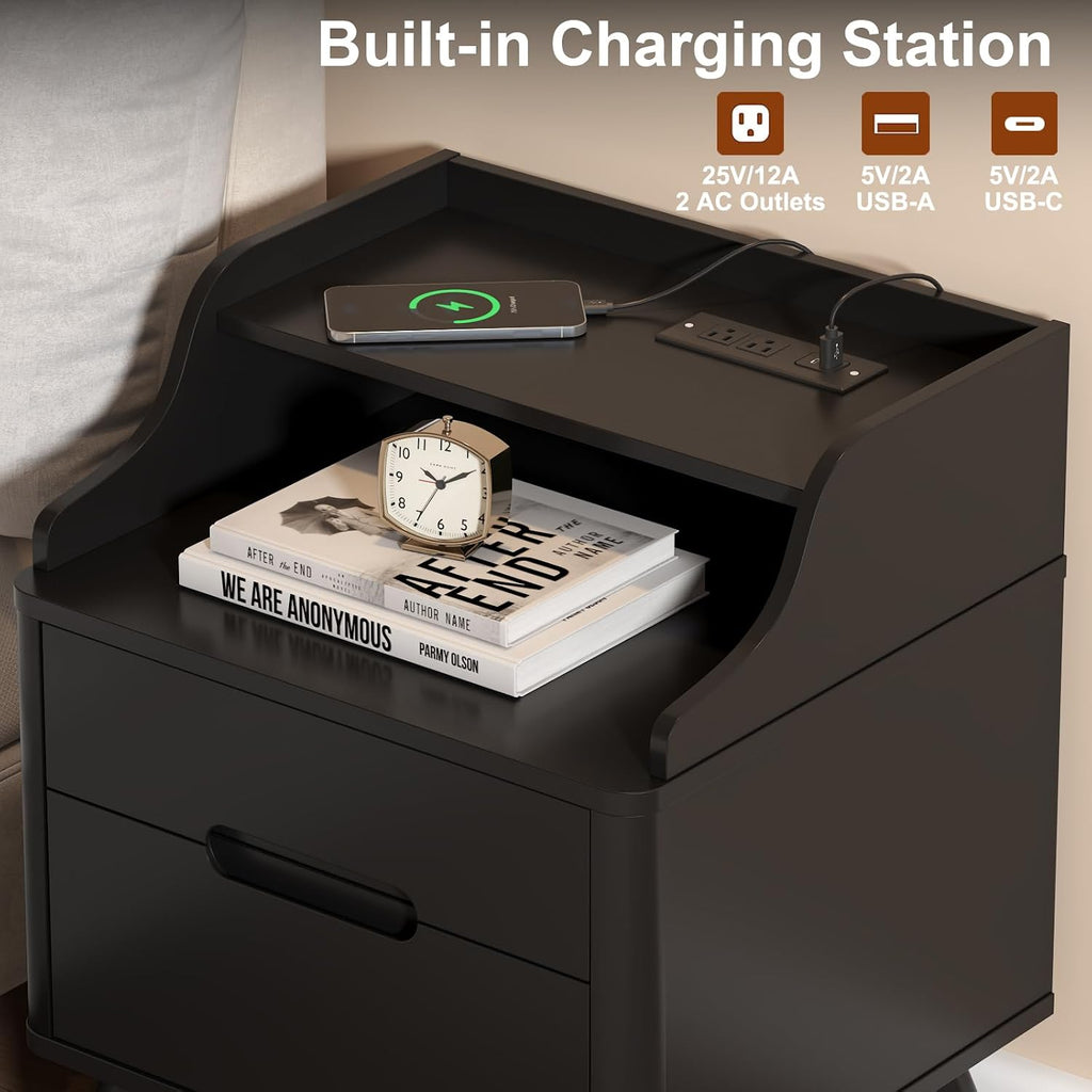 Nightstand with Charging Station, 21' Tall Nightstand w/2 Storage Drawers, Wood Night Stand with Hidden Handle, 17'' Wide Modern Bedside Table for Bedroom Dorm Home Office (Black)