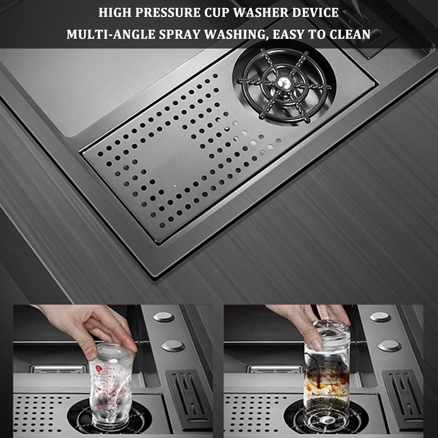Nano-Stepped Cup Washer Sink 304 Stainless Steel Handmade Kitchen Sink Multi-Function Single Bowl Bar Preparation Sink with Pull-Out Faucet Top Mount Or Undermount (Blackb 82x46x22cm)
