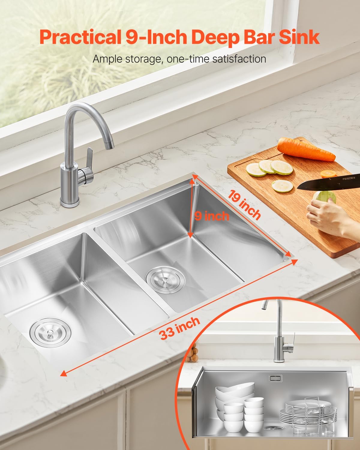VEVOR 33 inch Kitchen Double Sink, 304 Stainless Steel Undermount Sink Drop-In Single Bowl Farmhouse Basin with Ledge & Multiple Accessories, Household Dishwasher Sinks for Prep Kitchen, Bar 33'*19'