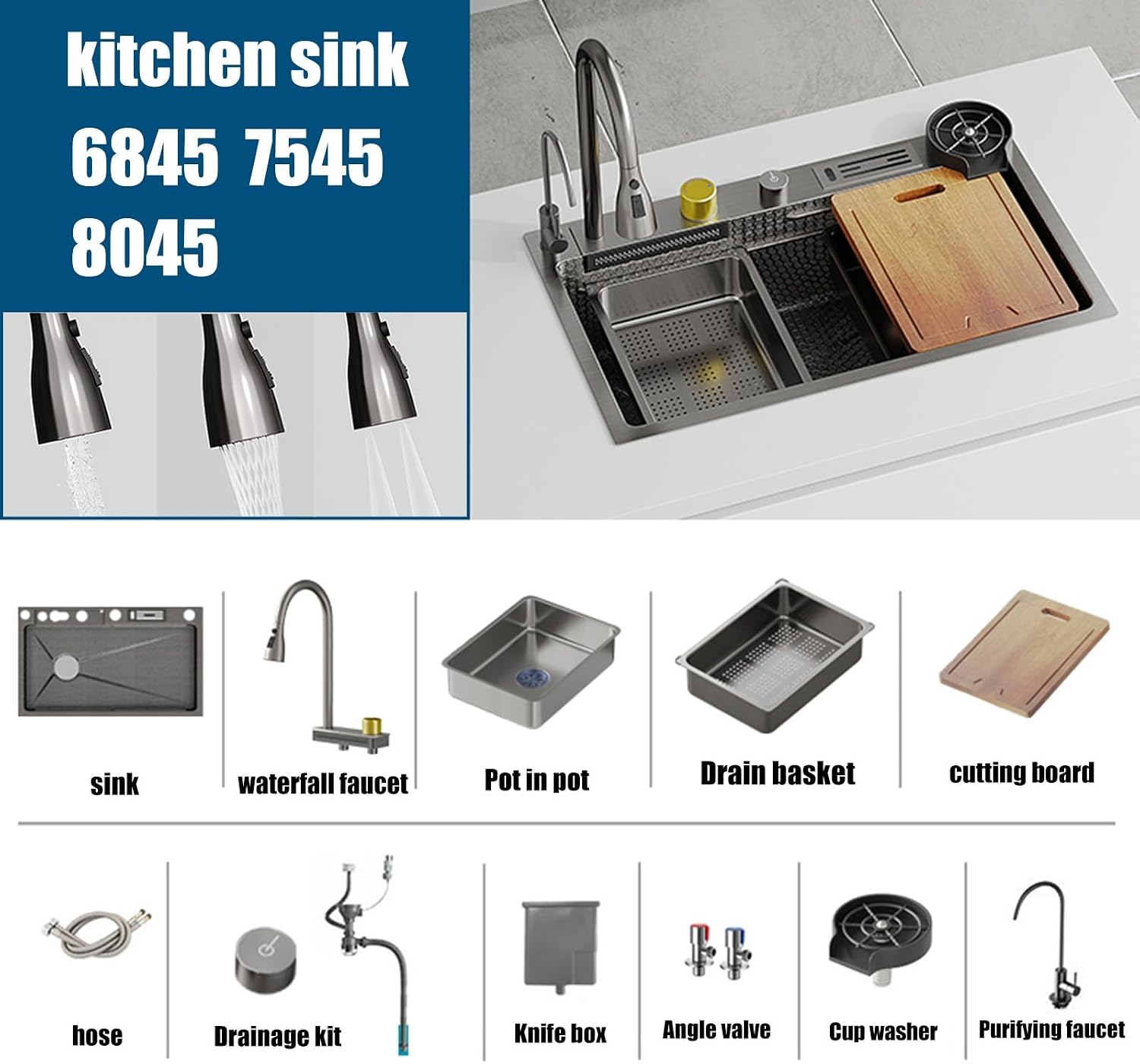Single Bowl Kitchen Sink with Stainless Steel Sink with Waterfall Waterfall Water Left with Knife Box with Pull-Out Tap (A-68x45CM