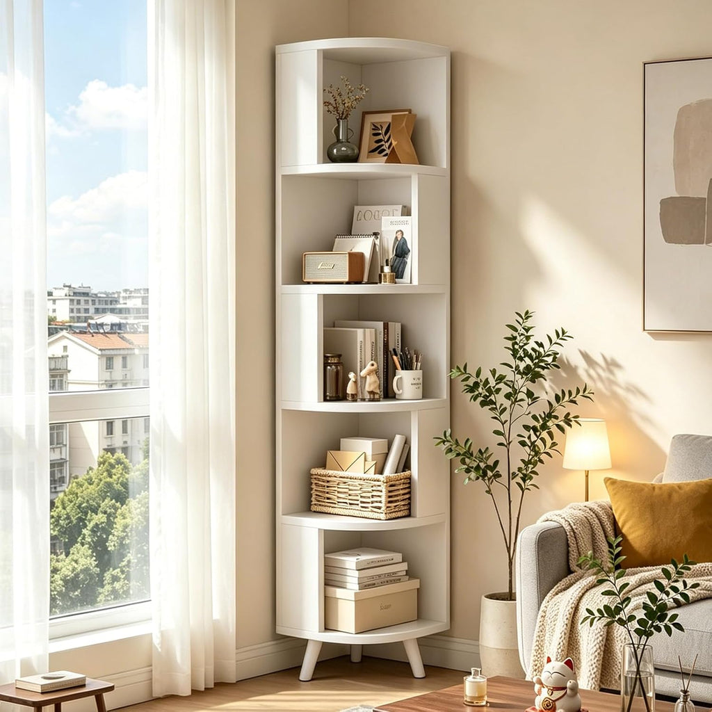 5-Tier Corner Shelf, Tall Modern Corner Bookshelf, 5 Shelf Corner Bookcase with Baffle, Freestanding Wood Corner Display Storage Shelf Organizer for Living Room, Office (White)
