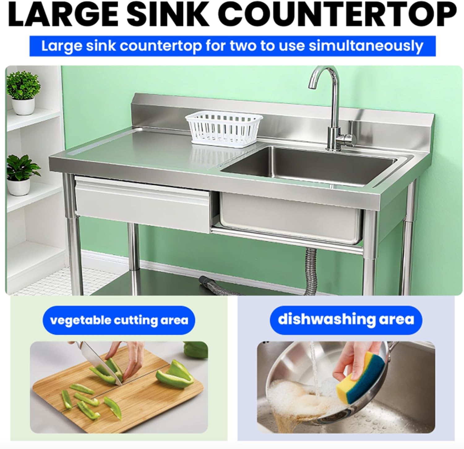 Stainless Steel Utility Sink, NFS-Commercial Sink, 39' Free Standing Single Bowl Sink with Drawer & Hot/Cold Water Pipe, Workbench for Laundry & Outdoor