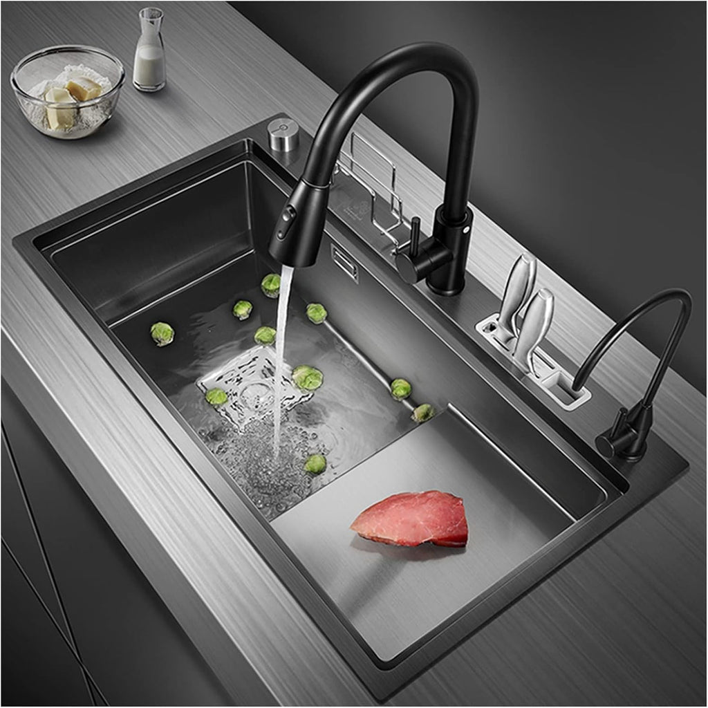 304 Stainless Steel Single Bowl Kitchen Sink Multifunctional Ladder Type Bar Sink RV Sink with Pull-Out Faucet Top Mount Or Undermount (Color : Black, Size : 70x45x24cm)