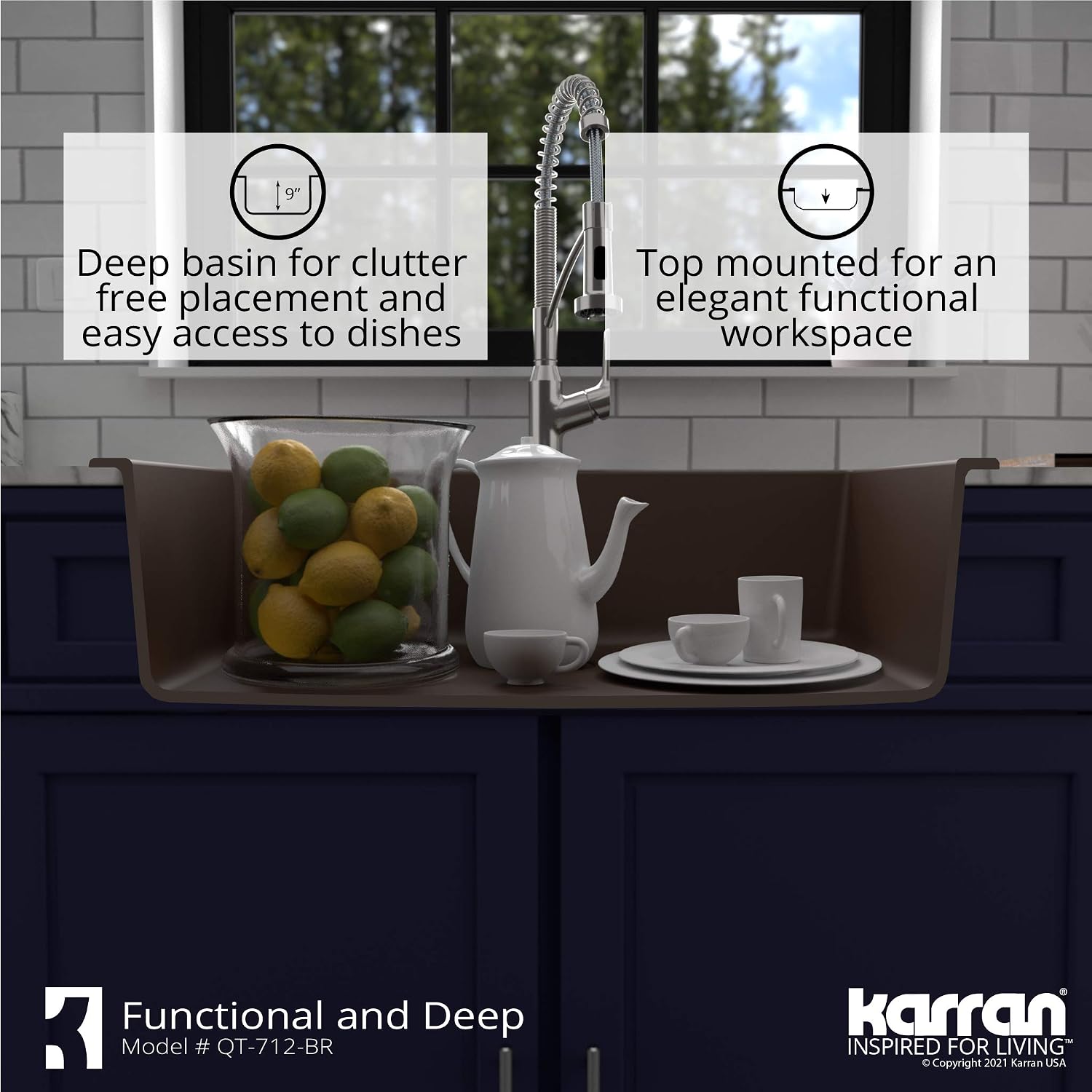 Karran QT-712 33 Inch Drop-In Quartz Composite Single Bowl Kitchen Sink, Top Mount, 1-Hole, Heat & Scratch Resistant, Easy Clean, Brown