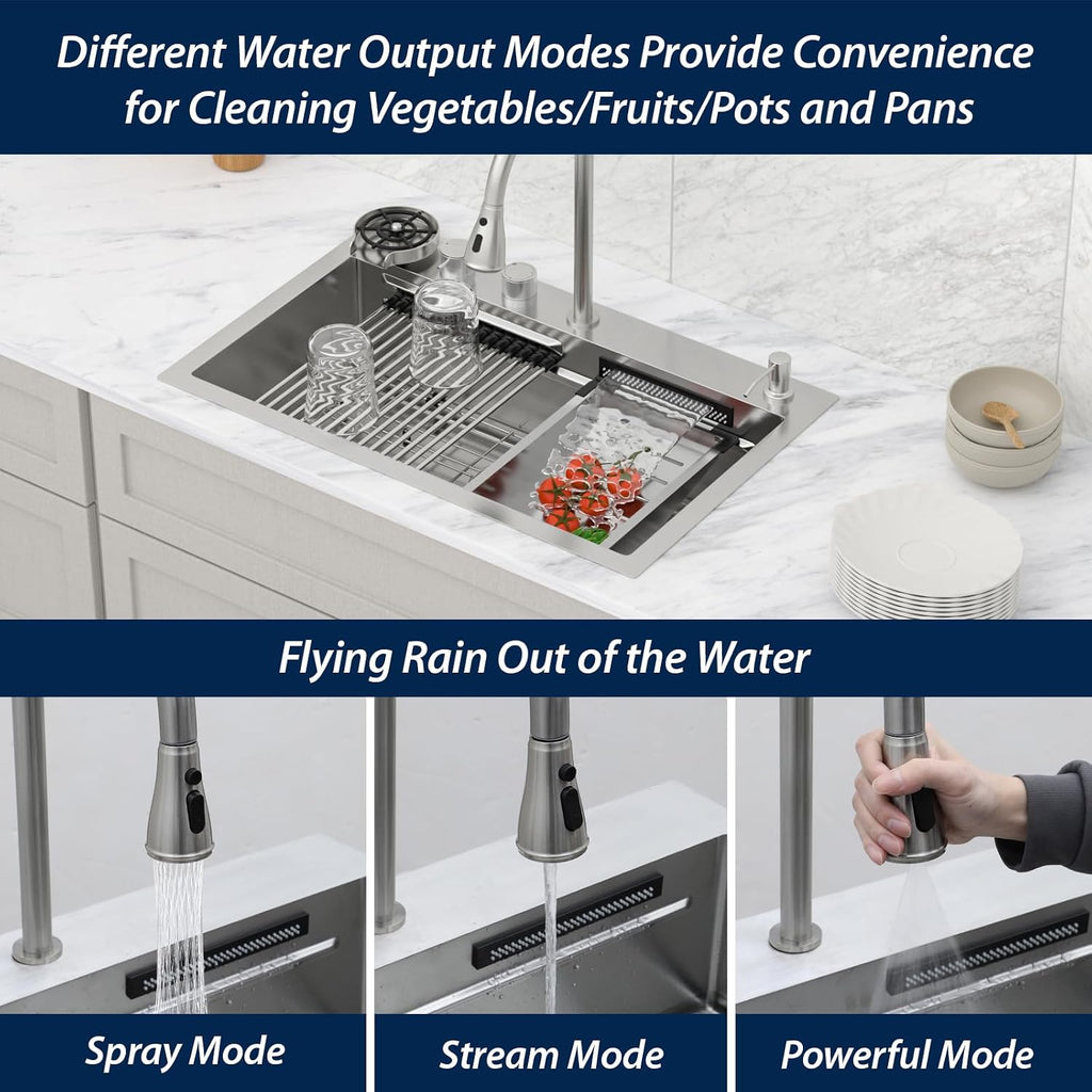 Logmey 30' Luxury Waterfall Sink Nano PVD Drop in Kitchen Sink with Faucet,16 Gauge Stainless Single Bowl Sinks with Two Knobs,Dual Split Rain Fall,Double Step,30x19x9