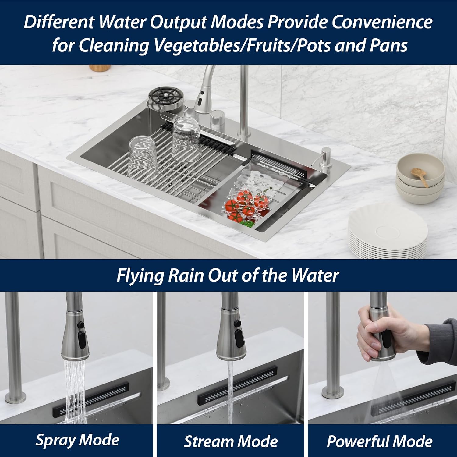 Logmey 30' Luxury Waterfall Sink Nano PVD Drop in Kitchen Sink with Faucet,16 Gauge Stainless Single Bowl Sinks with Two Knobs,Dual Split Rain Fall,Double Step,30x19x9