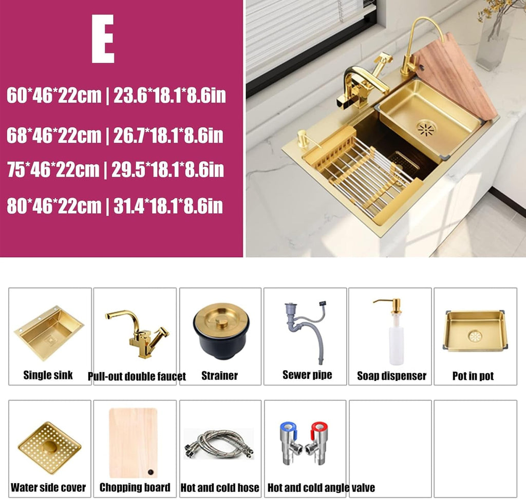 Kitchen Sink Gold, Single Bowl Kitchen Sinks Drop in 304 Stainless Steel Kitchen Sink with Tap, Soap Dispenser and Water Filter,with Mounting Accessories,80(