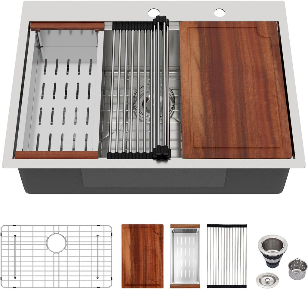 Logmey 30 Inch Drop In Kitchen Sink 30x22x9 All in One Workstation Topmount Sinks Stainless Steel 16 Gauge Single Bowl Overmount Kitchen Sink