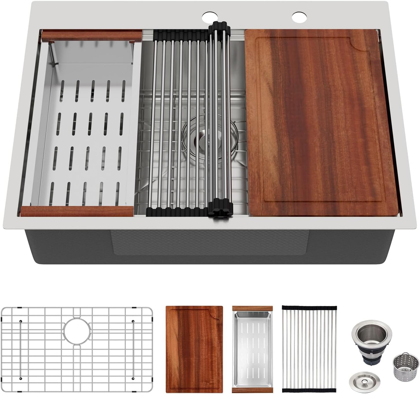 Logmey 30 Inch Drop In Kitchen Sink 30x22x9 All in One Workstation Topmount Sinks Stainless Steel 16 Gauge Single Bowl Overmount Kitchen Sink