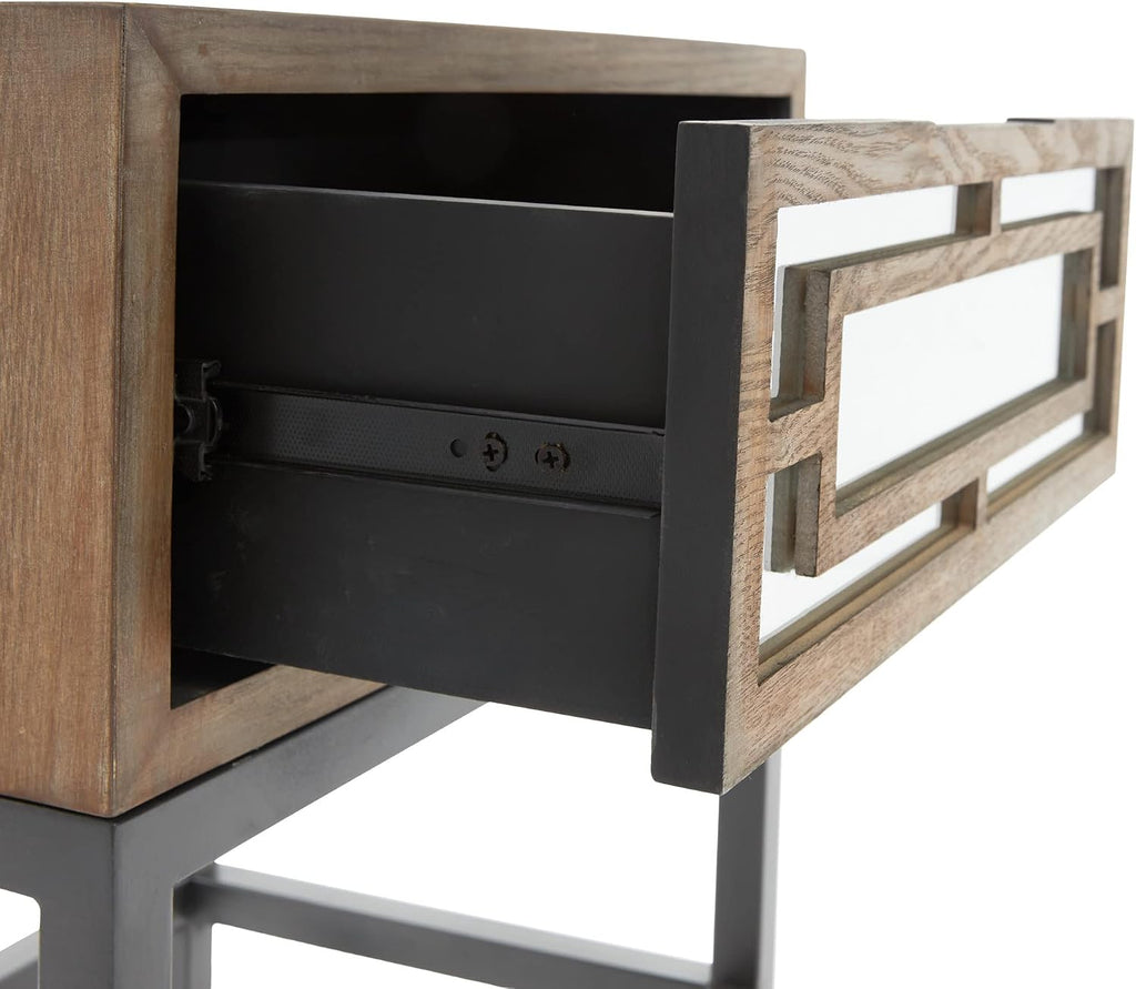 Tommy Hilfiger Hayworth Side Table, Mirrored Storage Drawer with Wood Overlay, Wooden Frame, Metal Base, Ideal in Small Spaces, EndTable, BedsideTable, Nightstand for Living Room or Bedroom, Ash Gray