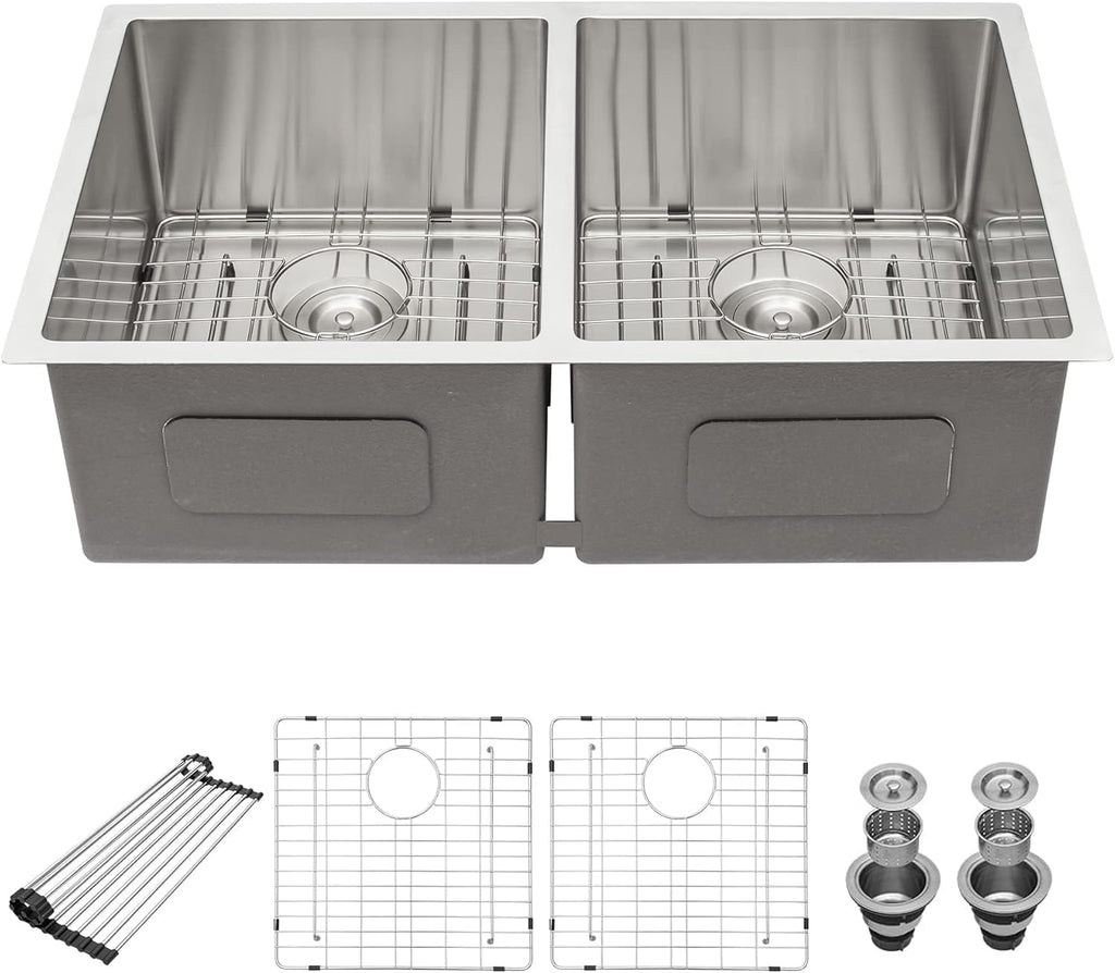 33 Undermount Double Bowl Kitchen Sink - Beslend 33x19x10 Inch Double Sink Stainless Steel Undermount Sinks 16 Gauge 50/50 Double Bowl Sinks