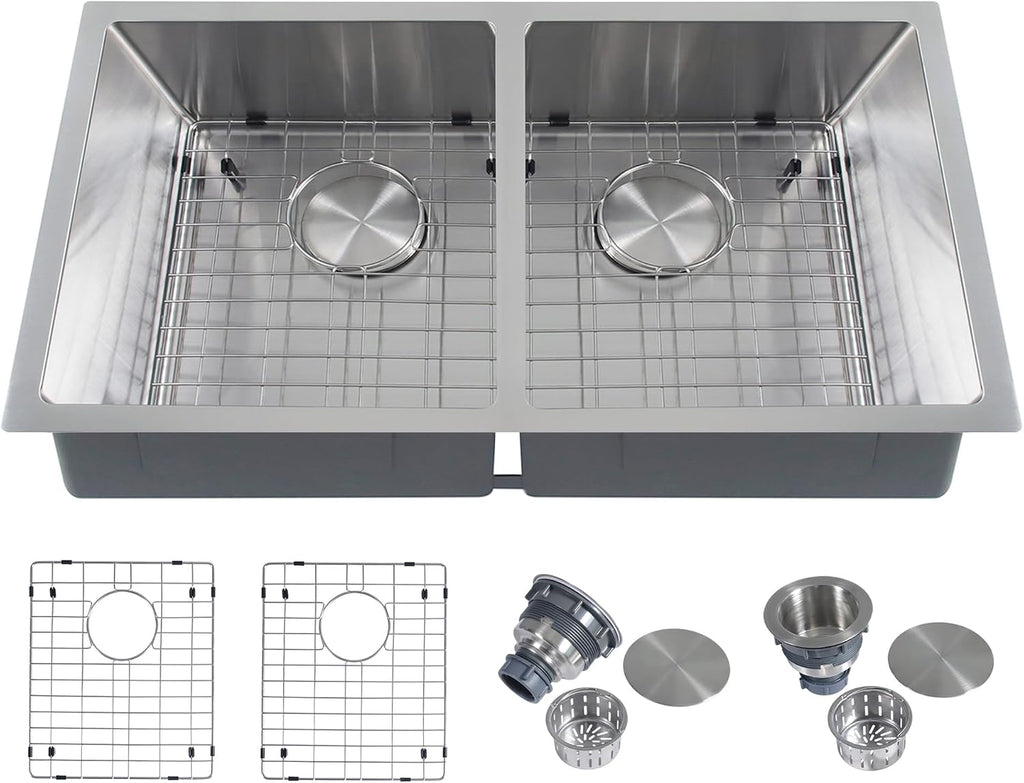 Rhbamoa 30 Inch Undermount Double Sink,16-Gauge T304 Stainless Steel Kitchen Sink 30'' x 18'',50/50 Double Bowl Kitchen Sinks Undermount with Accessories,9 Inch Deep Sinks with Brushed Finish