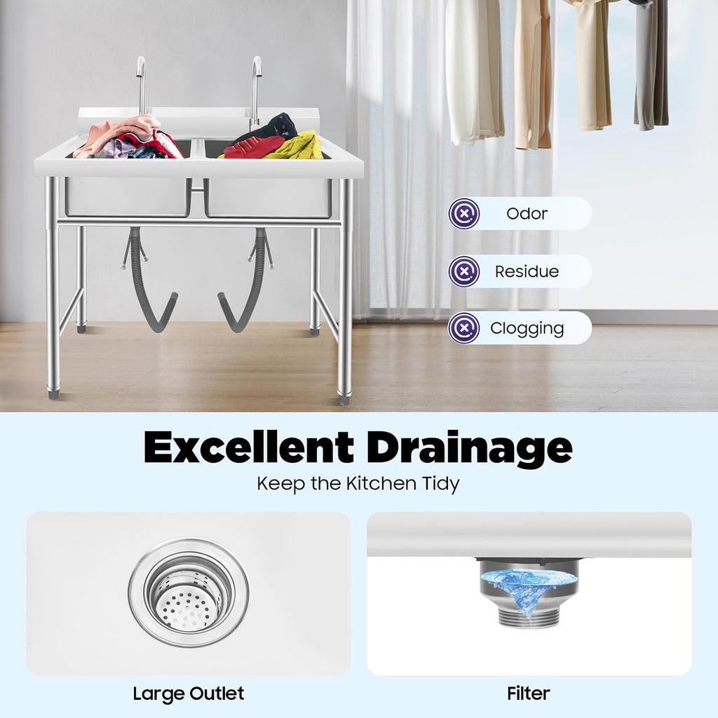 2 Compartment Commercial Kitchen Sink, Stainless Steel Freestanding Double Bowl Utility Sink With 2 360° Rotating Faucet Heavy Duty Portable Double Sink for Kitchen Garage(35.8x21.3x40in)