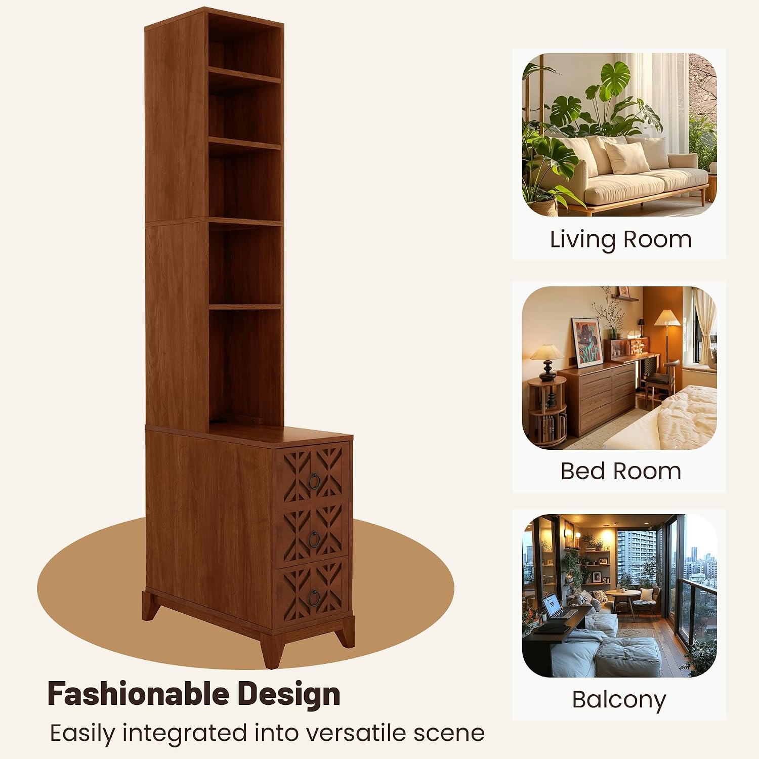 Wood Tall Nightstand with Charging Station, 70.9' Tall End Table with 3 Storage Drawers and 4 Open Shelves, Narrow Slim Sofa Side Table for Small Spaces, Living Room, Bedroom,Corner, Walnut