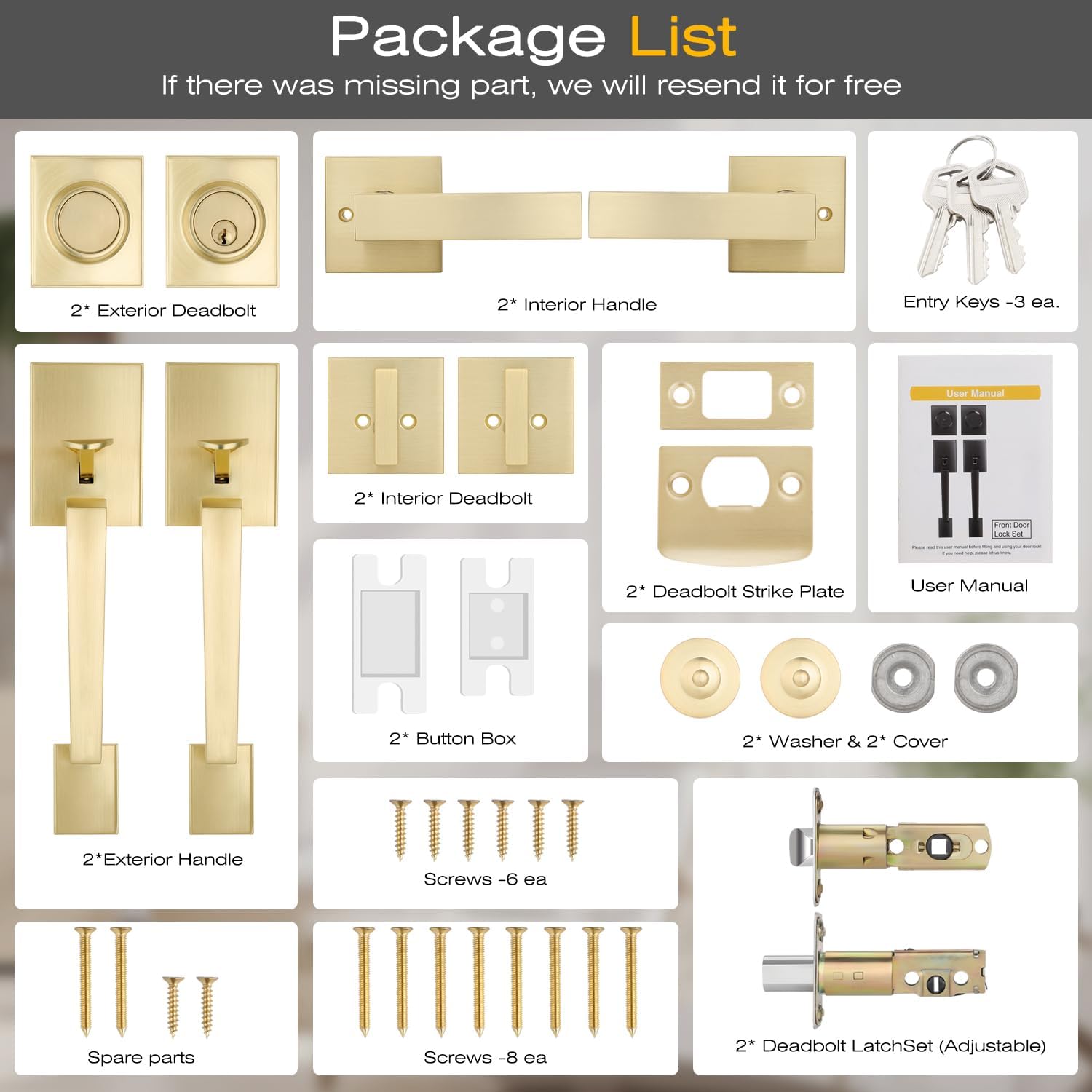 EHOMEWARE Brass Double Front Door Handle Set, Gold Heavy Duty Square Door Lever and Single Cylinder Deadbolt Combo for Side by Side Entrance Exterior Doors, Satin Brass Finish