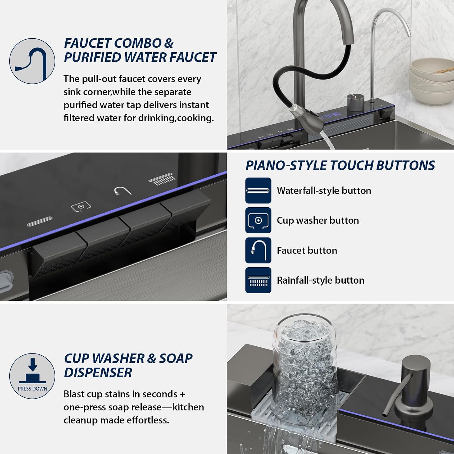 Logmey 30' Smart Dual Waterfall Sink with Digital Display,Water Purifier,Nano PVD Drop in Kitchen Sink with Faucet,16 Gauge Stainless Steel Sinks with Temperature Control Knob,5 Buttons,30x19x9