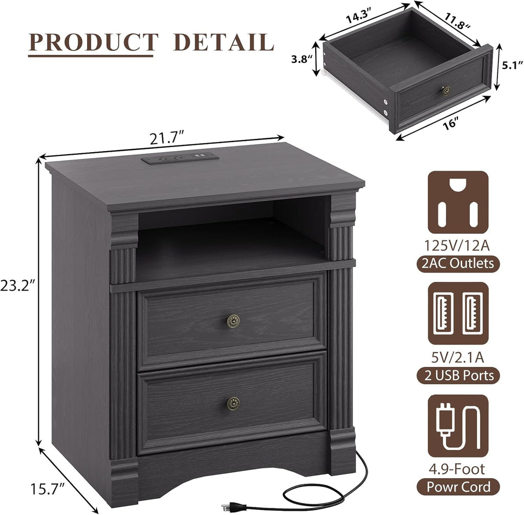 Grey Nightstand with Charging Station, Farmhouse Bedside Table, End Table with 2 Drawers and Chic Wood Pilasters Design, Wood Side Table with Metal Handles for Bedroom, Living Room