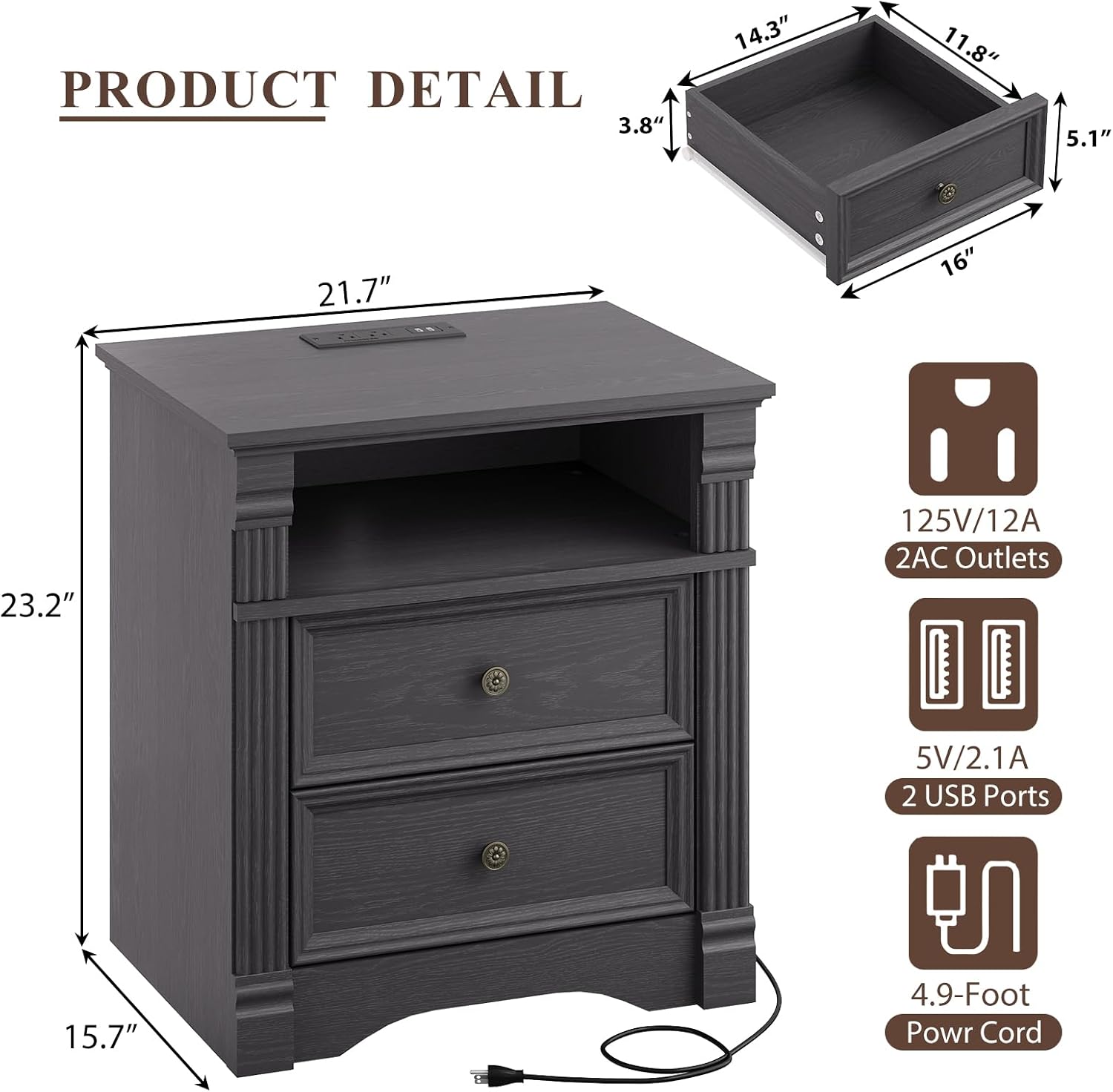 Grey Nightstand with Charging Station, Farmhouse Bedside Table, End Table with 2 Drawers and Chic Wood Pilasters Design, Wood Side Table with Metal Handles for Bedroom, Living Room