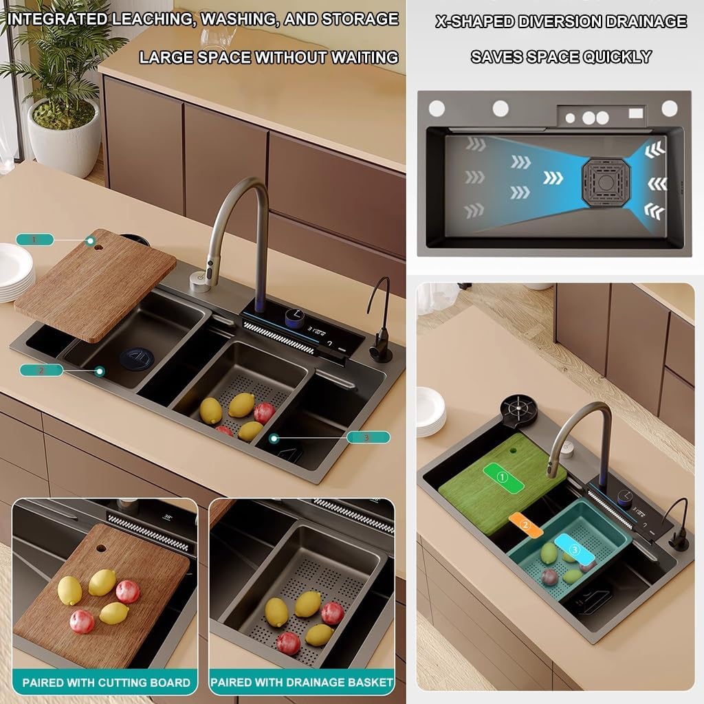 Single-Bowl Kitchen Workstation Sink Multi-functional Stainless Steel Household Farmhouse Sink Waterfall Pull-Down Faucet And Complete Accessory Set (Color : Black, Size : 75x46x23cm) (Black 75x46