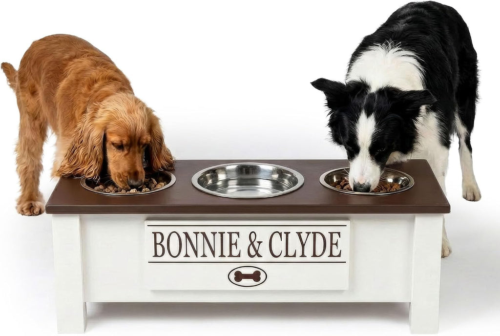 GTW Elevated 3 Bowl Dog Feeding Station - Customized Triple Stand for Medium Size Dog Breeds - Includes Storage & Stainless Steel Bowls (Medium, Brown)