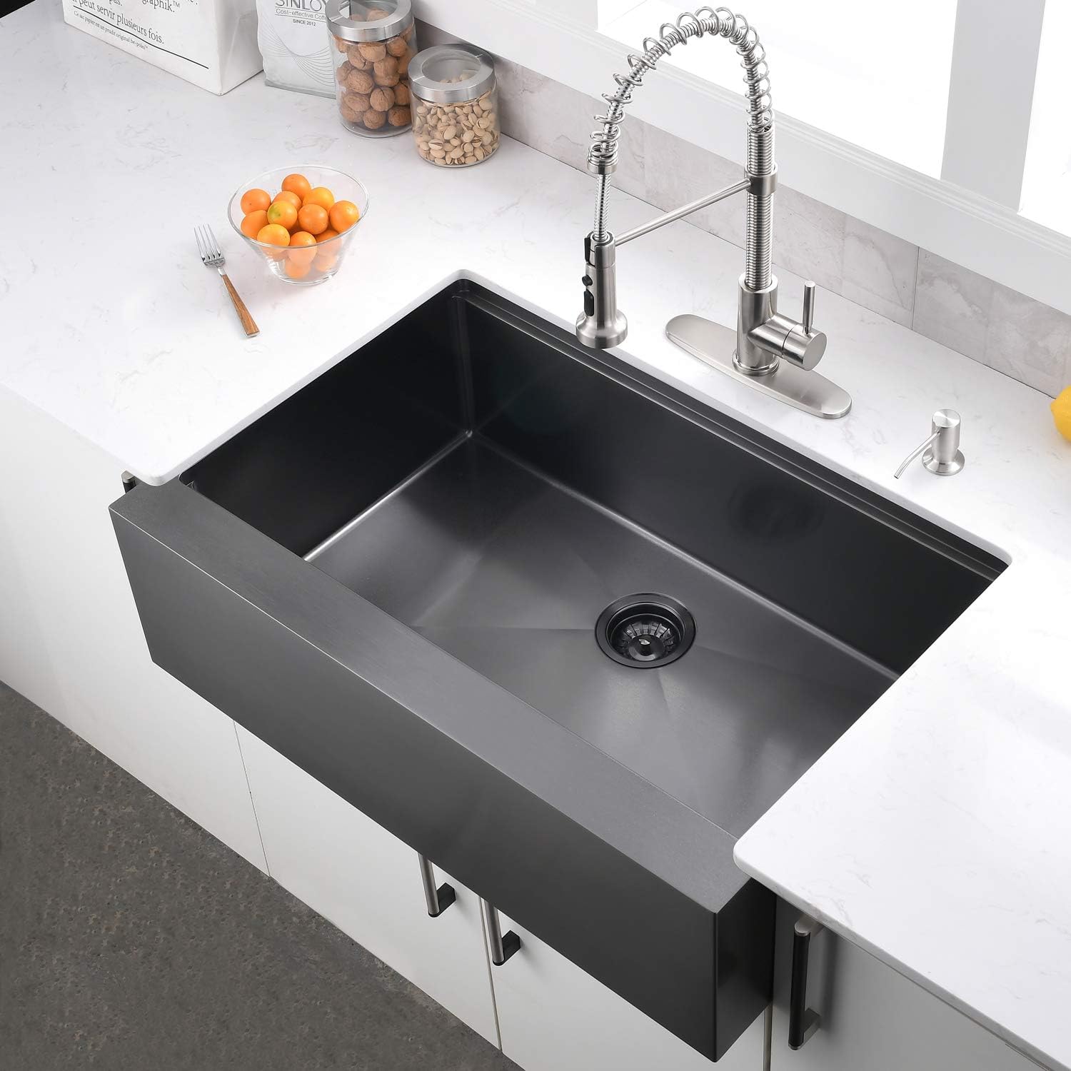 33 Inch Black Farmhouse Kitchen Sink - VOKIM 33x22 inch Flat Apron Front Farmhouse sink Workstation 16 Gauge Stainless Steel Single Bowl Farm Kitchen Sink