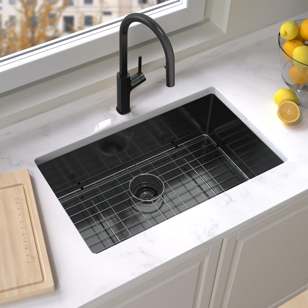 Kitchen Sink 30x18 Inch Undermount Kitchen Sink 16 Gauge Stainless Steel Single Bowl Gun Metal Black Finish with Accessories