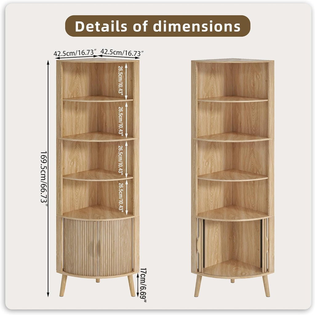 5-Tier Corner Shelf, 66.73''Tall Modern Corner Bookshelf, 5 Shelf Bookcase with 2 Fluted Doors, Freestanding Wood Corner Display Storage Shelf Organizer for Living Room, Office (Wood Color)