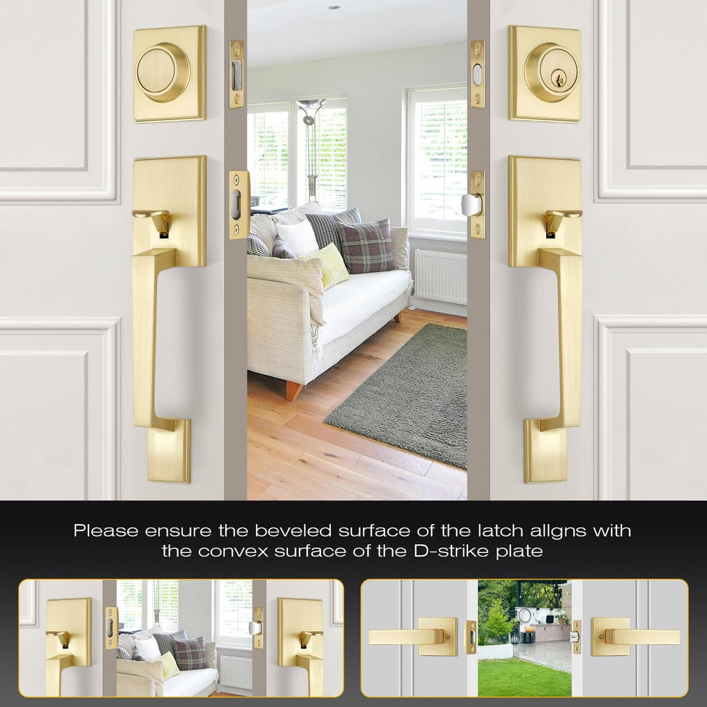EHOMEWARE Brass Double Front Door Handle Set, Gold Heavy Duty Square Door Lever and Single Cylinder Deadbolt Combo for Side by Side Entrance Exterior Doors, Satin Brass Finish