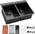33x22 Double Bowl Kitchen Sink 33 Inch Black, Stainless Steel Drop in Double Basin Kitchen Sink, Topmonut 50/50 Kitchen Sinks Workstation Sink with Accessories