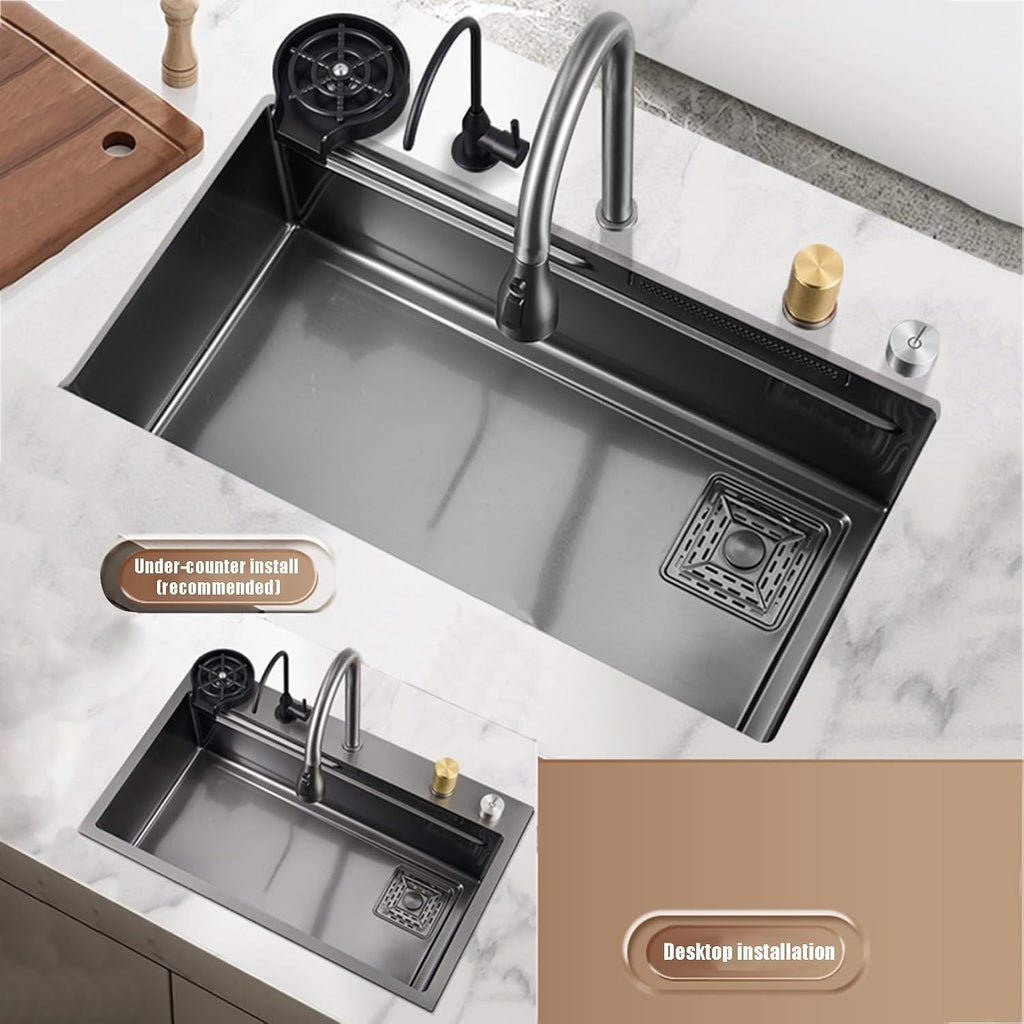 Kitchen Sink Hidden Waterfall Sink Single Bowl Kitchen Sink Built-in Sink Workstation 304 Stainless Steel Sink for Home(