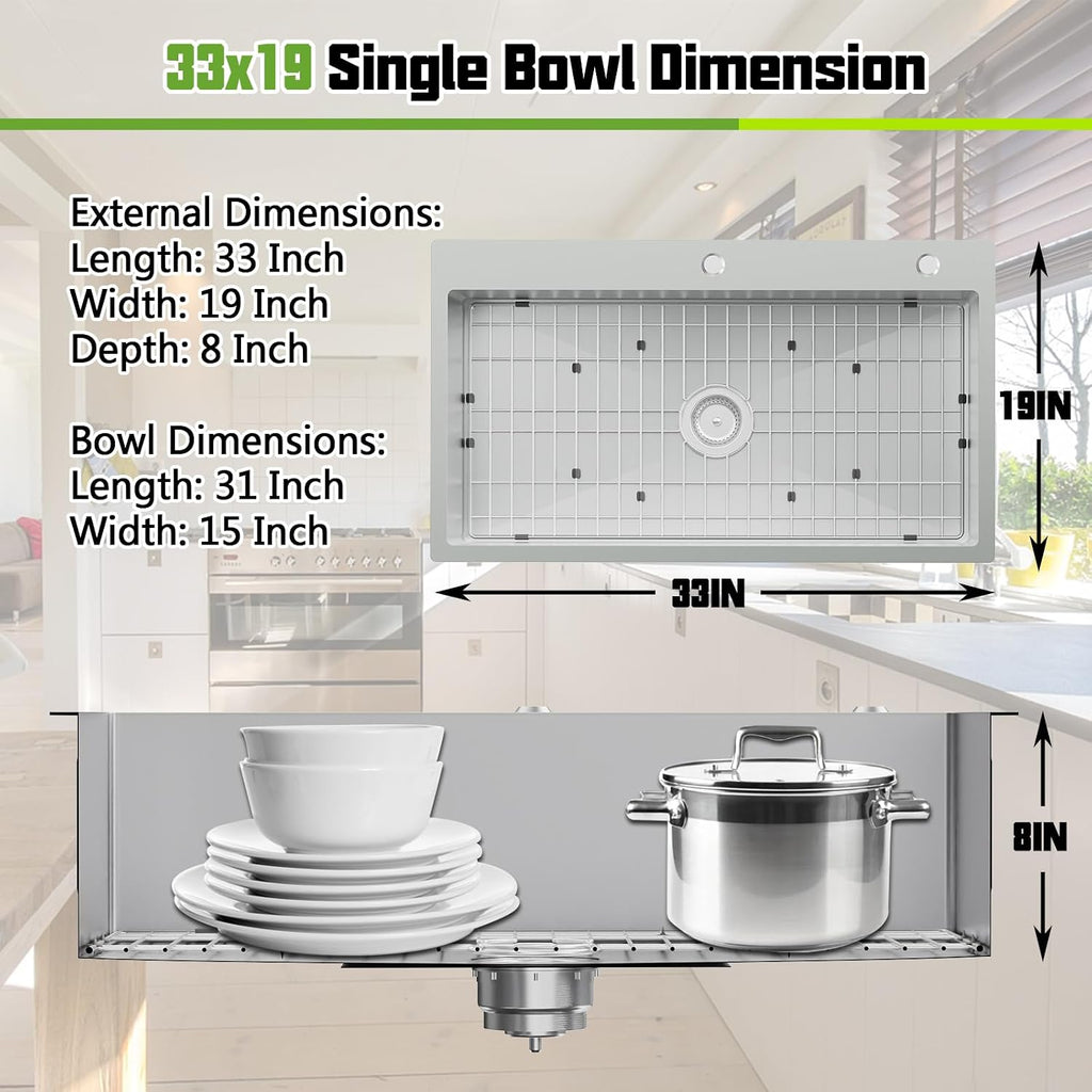 Kitchen Sink, 33x19 Inch Stainless Steel Drop In Modern Large Single Bowl Topmount Kitchen Sink Gift Combo-SS Grid,Silicon Mat, Drain Strainer Set Compatibility With Various Kitchen&Bar Style