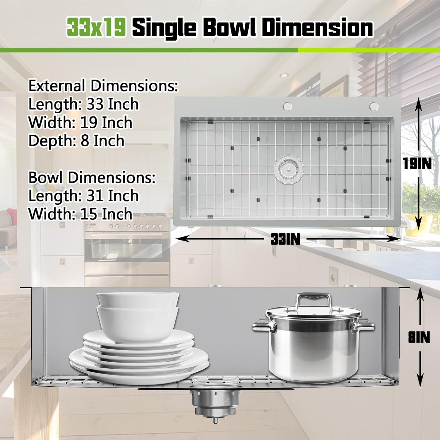 Kitchen Sink, 33x19 Inch Stainless Steel Drop In Modern Large Single Bowl Topmount Kitchen Sink Gift Combo-SS Grid,Silicon Mat, Drain Strainer Set Compatibility With Various Kitchen&Bar Style