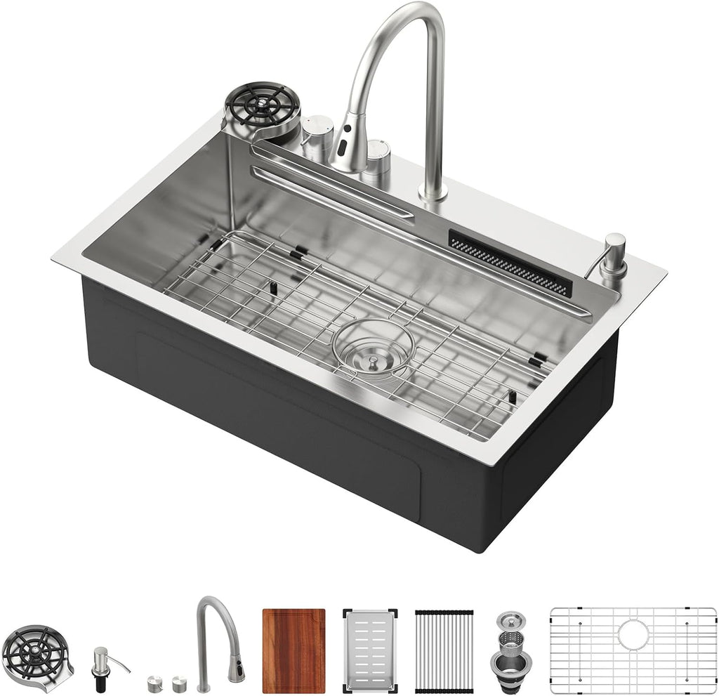 Logmey 30' Luxury Waterfall Sink Nano PVD Drop in Kitchen Sink with Faucet,16 Gauge Stainless Single Bowl Sinks with Two Knobs,Dual Split Rain Fall,Double Step,30x19x9