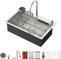 Logmey 30' Luxury Waterfall Sink Nano PVD Drop in Kitchen Sink with Faucet,16 Gauge Stainless Single Bowl Sinks with Two Knobs,Dual Split Rain Fall,Double Step,30x19x9