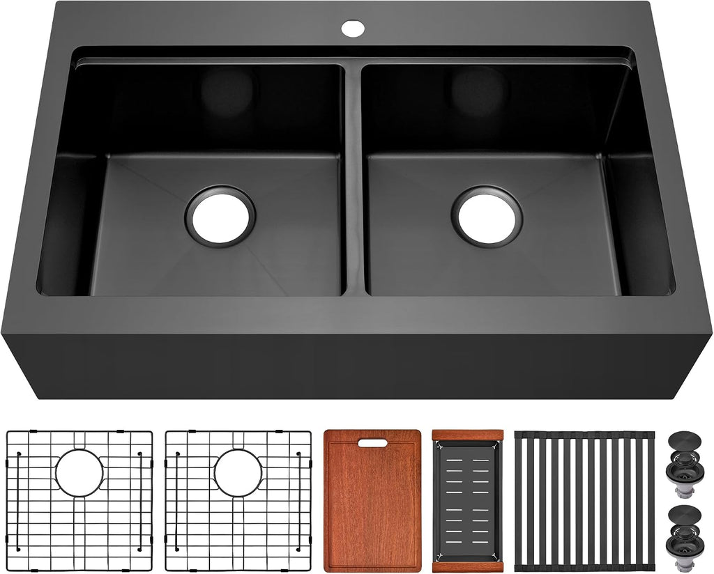 LQS Double Bowl Kitchen Sink, Undermount/Drop In Kitchen Sink, Double Bowl Stainless Steel Kitchen Sinks, 16 Gauge Stainless Steel Handmade Sinks (Black, 30' x 22' x 10')