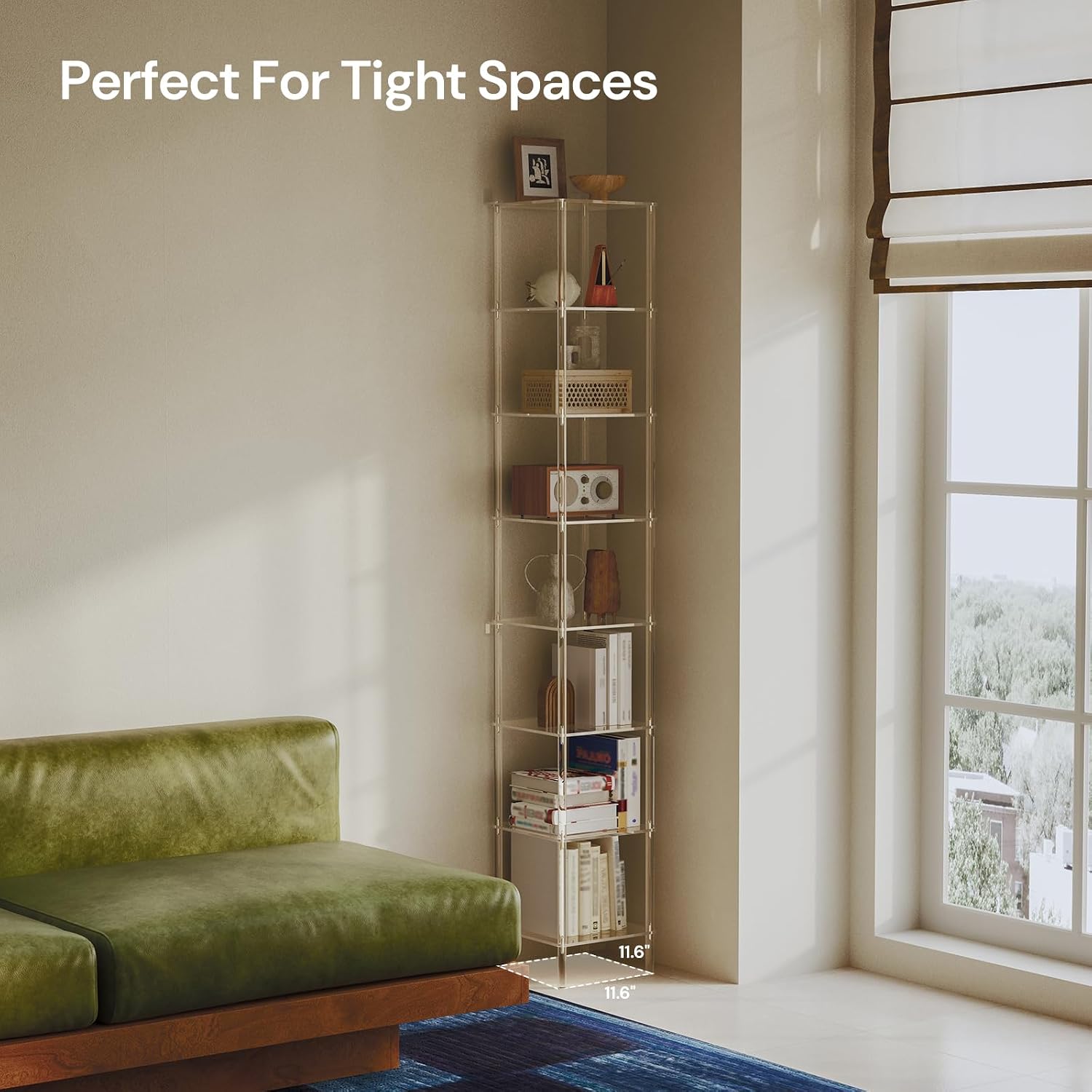 8-Tier Square Acrylic Bookshelf, Clear Tall Narrow Bookcase for Small Space, Corner Open Display Book Shelves for Home Office, Living Room, Bedroom, Modern, 11.6''W x 73.7''H