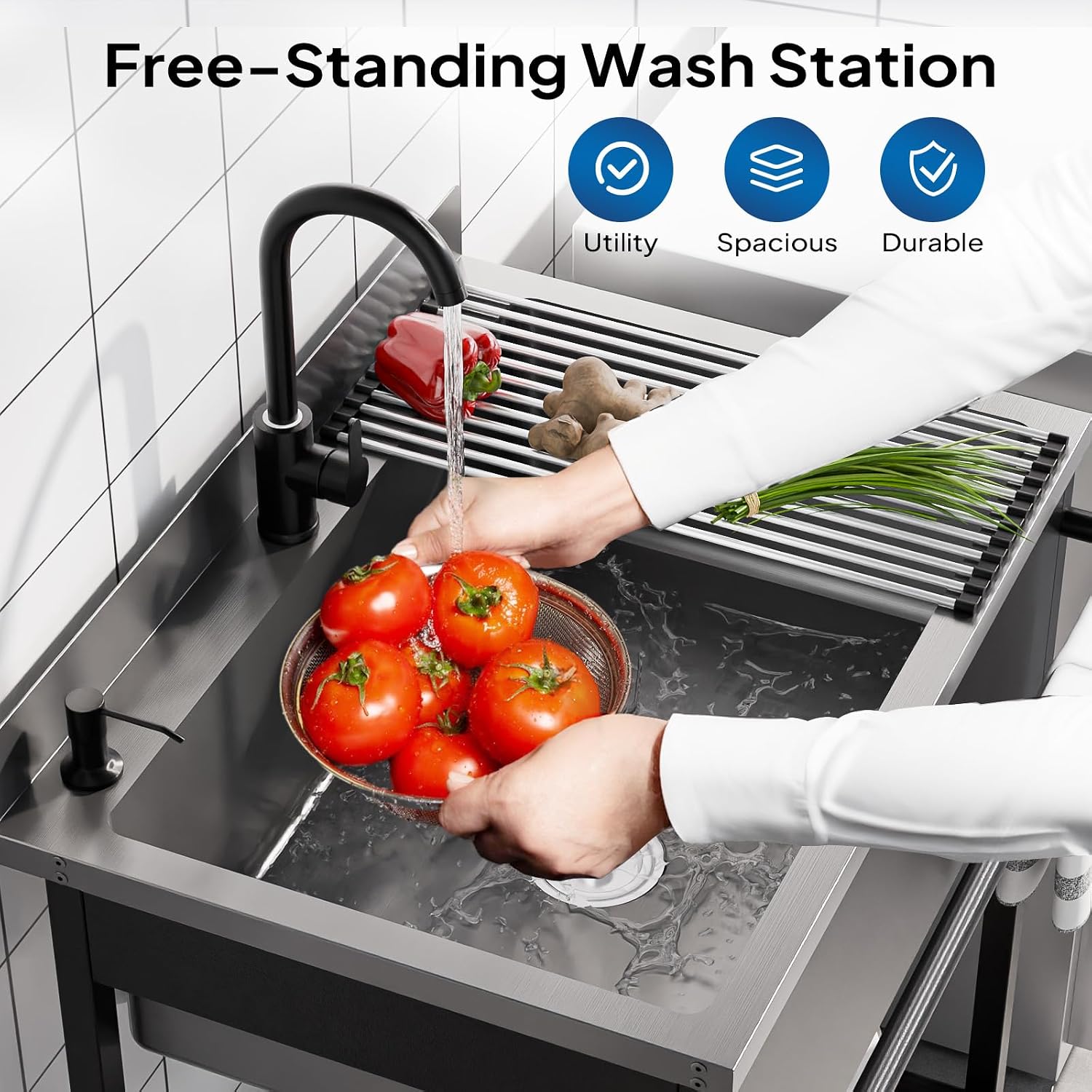 ROVSUN Stainless Steel Utility Sink, Free Standing with Faucet & Draining Rack for Laundry Room, Kitchen, Restaurant, Garage, Outdoor Garden, Backyard, Industrial 22'D x 30.71'W x 40.35'H Black