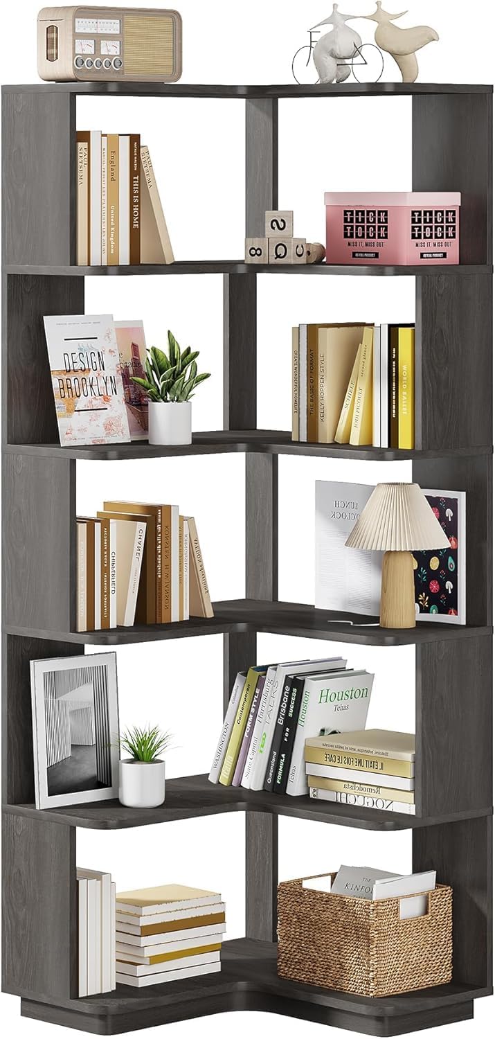 LITTLE TREE 65-Inch Tall Corner Bookshelf, 6-Tier Industrial Corner Bookcase with Side Panels, Freestanding Wood Grain Corner Shelf Display Rack for Home Office, Living Room