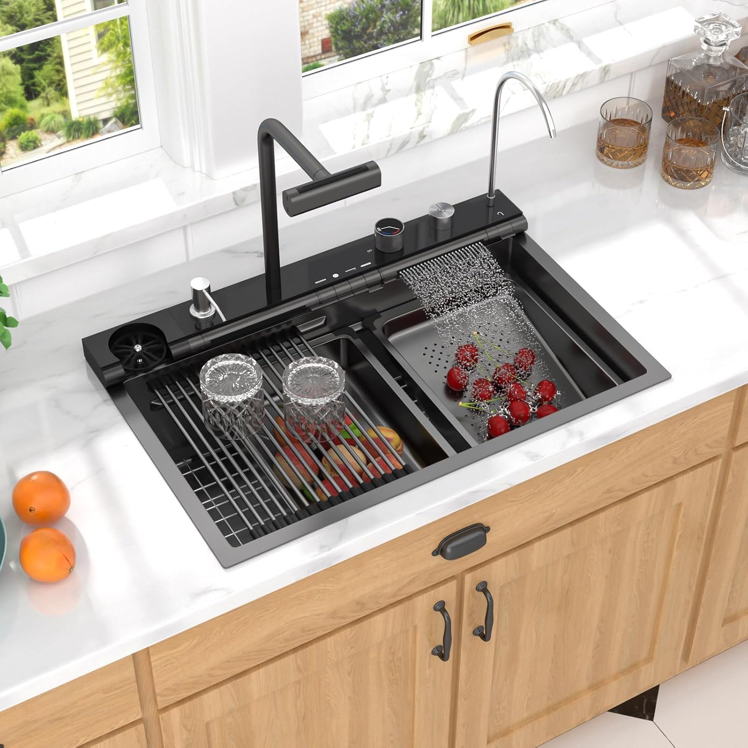 Smart Kitchen Sink - 30' Drop In Waterfall Single Bowl 16 Gauge 304 Stainless Steel Workstation Sink with Mechanical Control Panel & Pull-Down Faucet, Gunmetal Black for Decoration #TLWF-0012