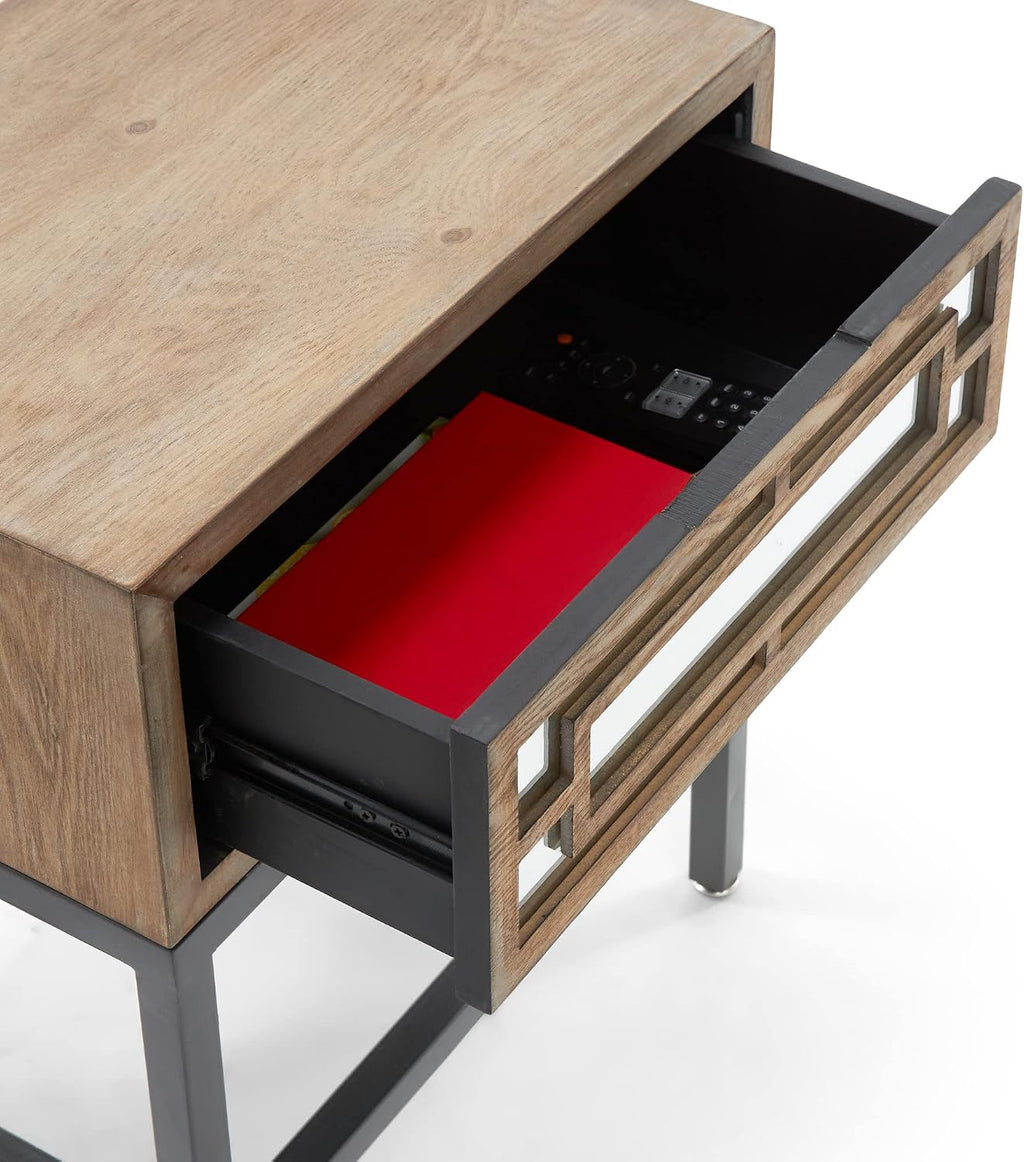 Tommy Hilfiger Hayworth Side Table, Mirrored Storage Drawer with Wood Overlay, Wooden Frame, Metal Base, Ideal in Small Spaces, EndTable, BedsideTable, Nightstand for Living Room or Bedroom, Ash Gray