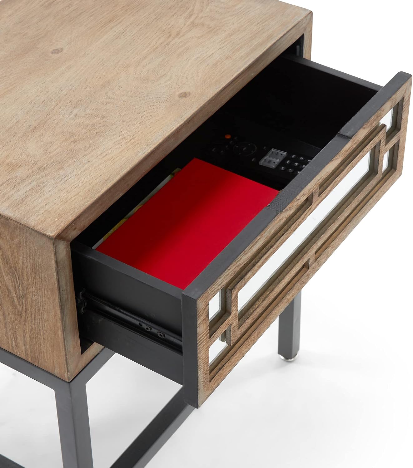 Tommy Hilfiger Hayworth Side Table, Mirrored Storage Drawer with Wood Overlay, Wooden Frame, Metal Base, Ideal in Small Spaces, EndTable, BedsideTable, Nightstand for Living Room or Bedroom, Ash Gray