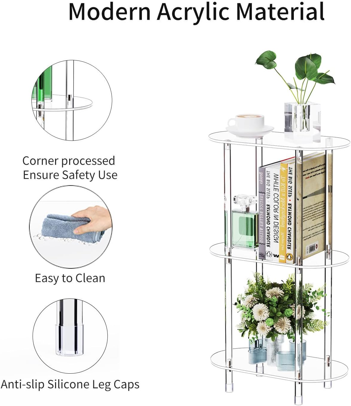 Clear Acrylic Narrow Side Table Set of 2 for Small Spaces, 15.75' L x 7.87' W x 26.7' H, 3 Tier Oval Slim End Table Nightstand, Small Minimalist Skinny Bedside Table for Bedroom, Living Room