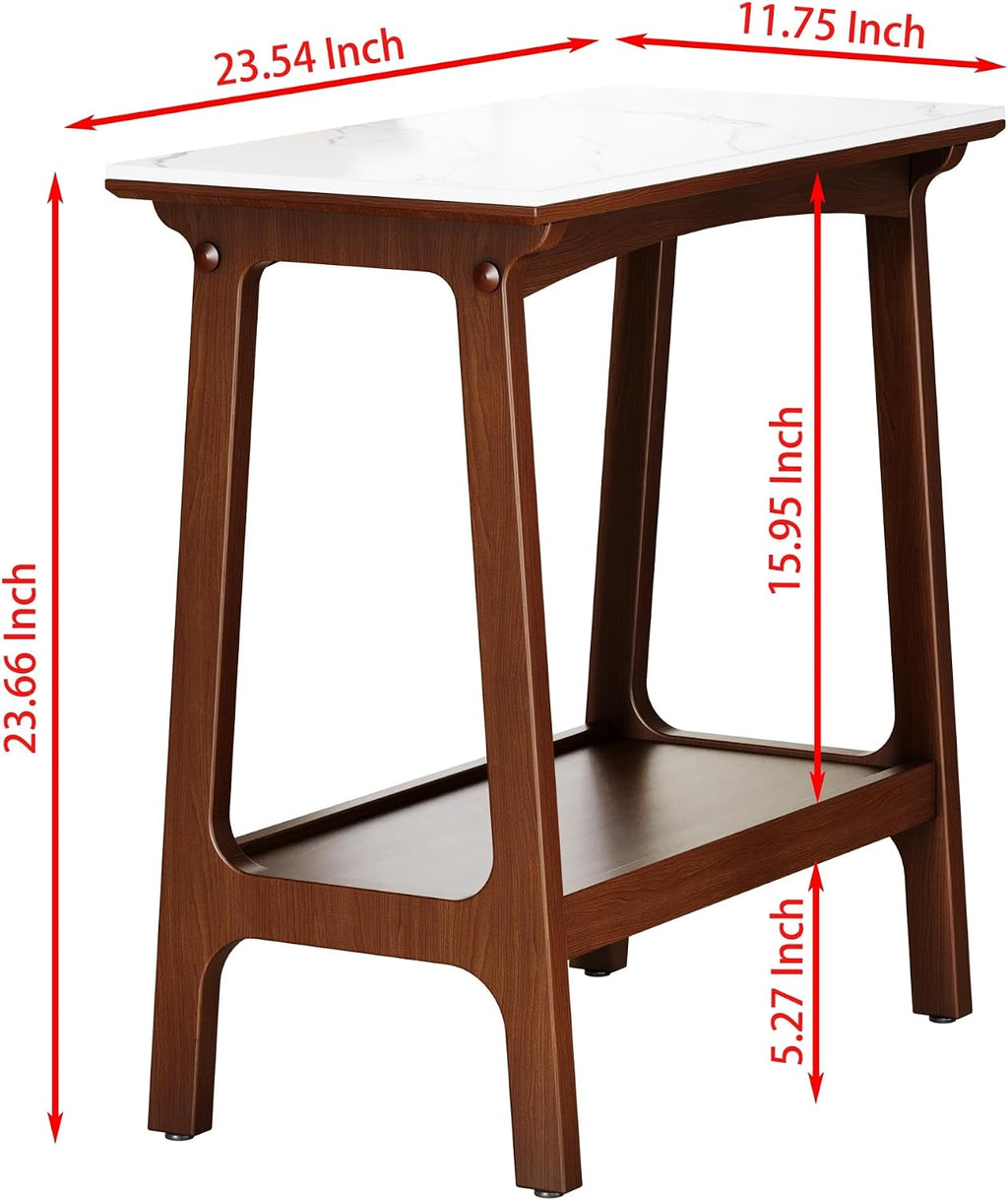 Narrow Side Table with Storage Shelf, Small End Tables Living Room, Mid Century Modern Wood End Table Sofa Table for Small Space (Retro Brown)