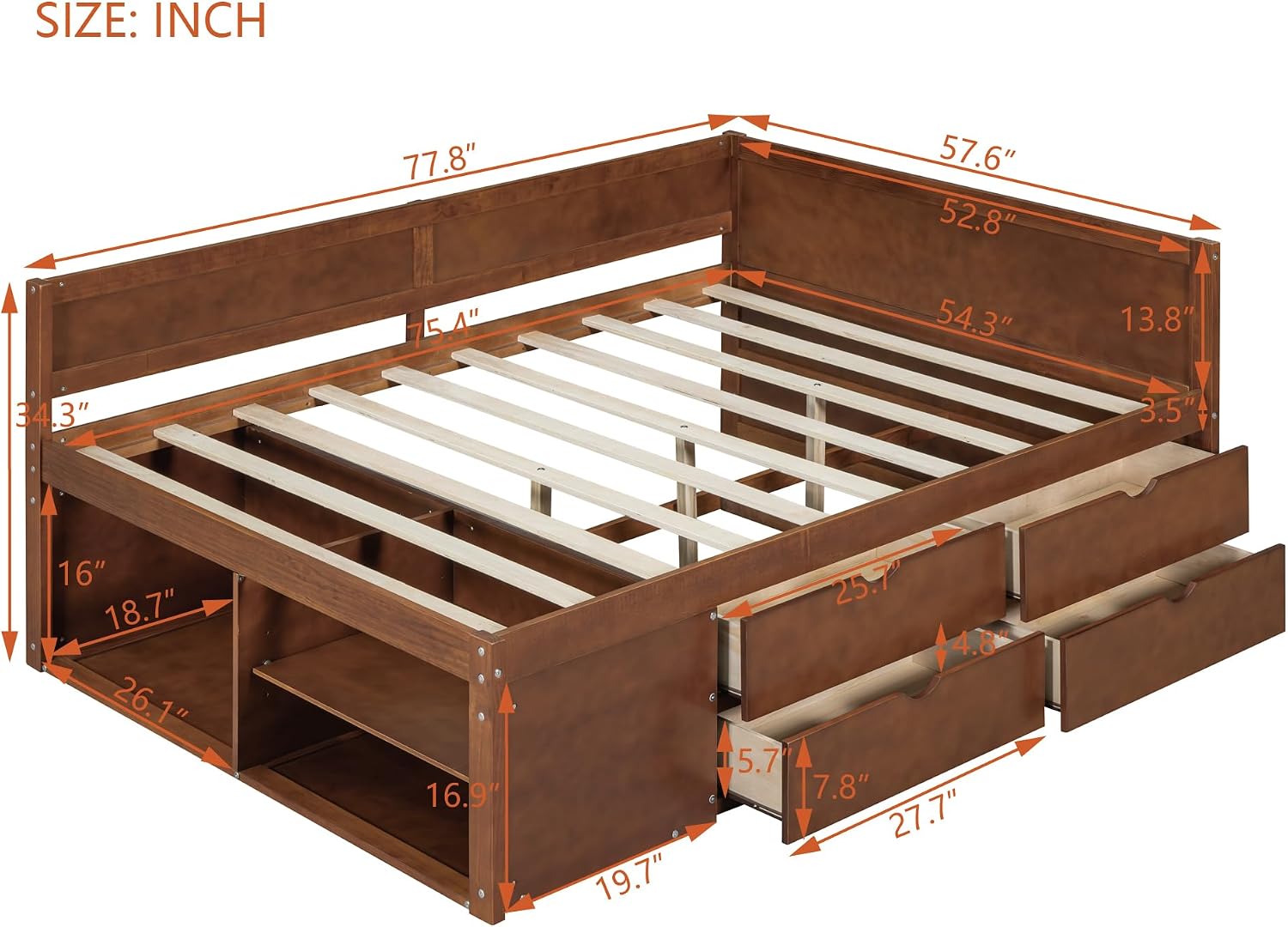 Harper & Bright Designs Wood Corner Daybed with Storage Shelves and 4 Drawers,Full Size Floor Storage Platform Bed Frame with L Shape Heaboard for Bedroom Nook,No Box Spring Needed,Walnut
