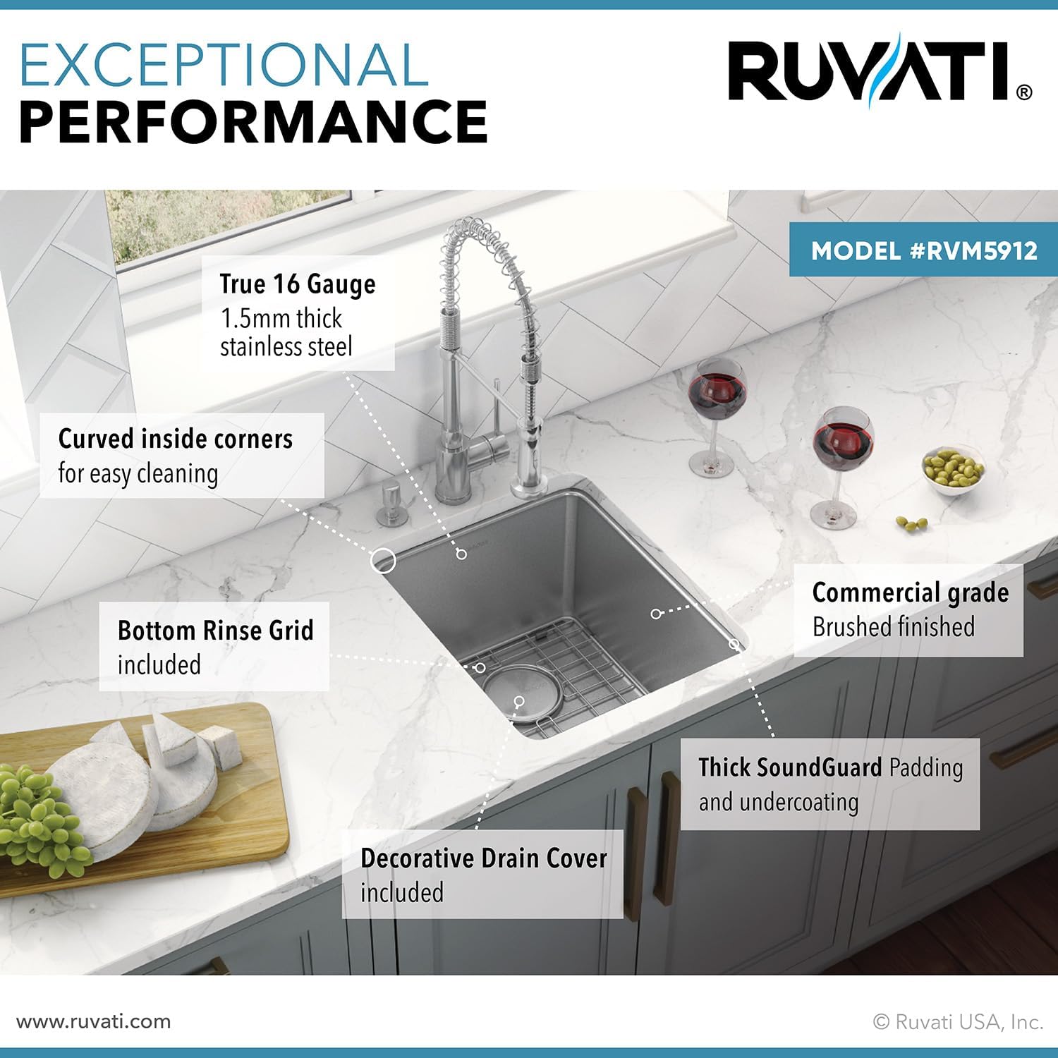 Ruvati 12-inch Undermount Bar Prep Kitchen Sink - 16 Gauge Stainless Steel kitchen Sink Single Bowl with Brushed Finish hides scratches, Easy-to-Clean Undermount Sinks - RVM5912
