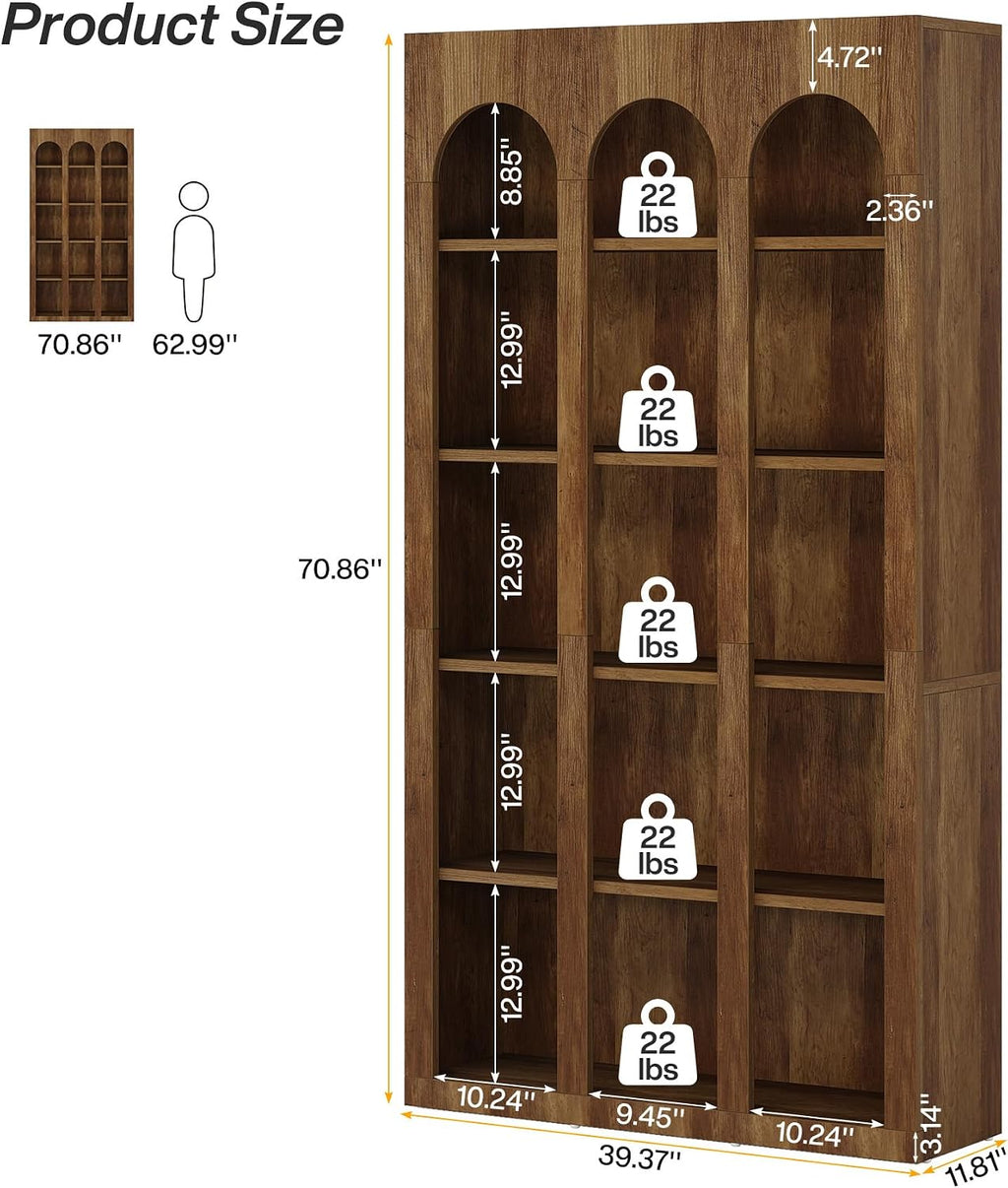 LITTLE TREE 5-Tier Bookshelf, 70.8-in Tall Bookcase with Open Shelves, Wooden Display Bookshelves and Bookcases, Vintage Display Book Shelf for Bedroom, Living Room, Office, Brown