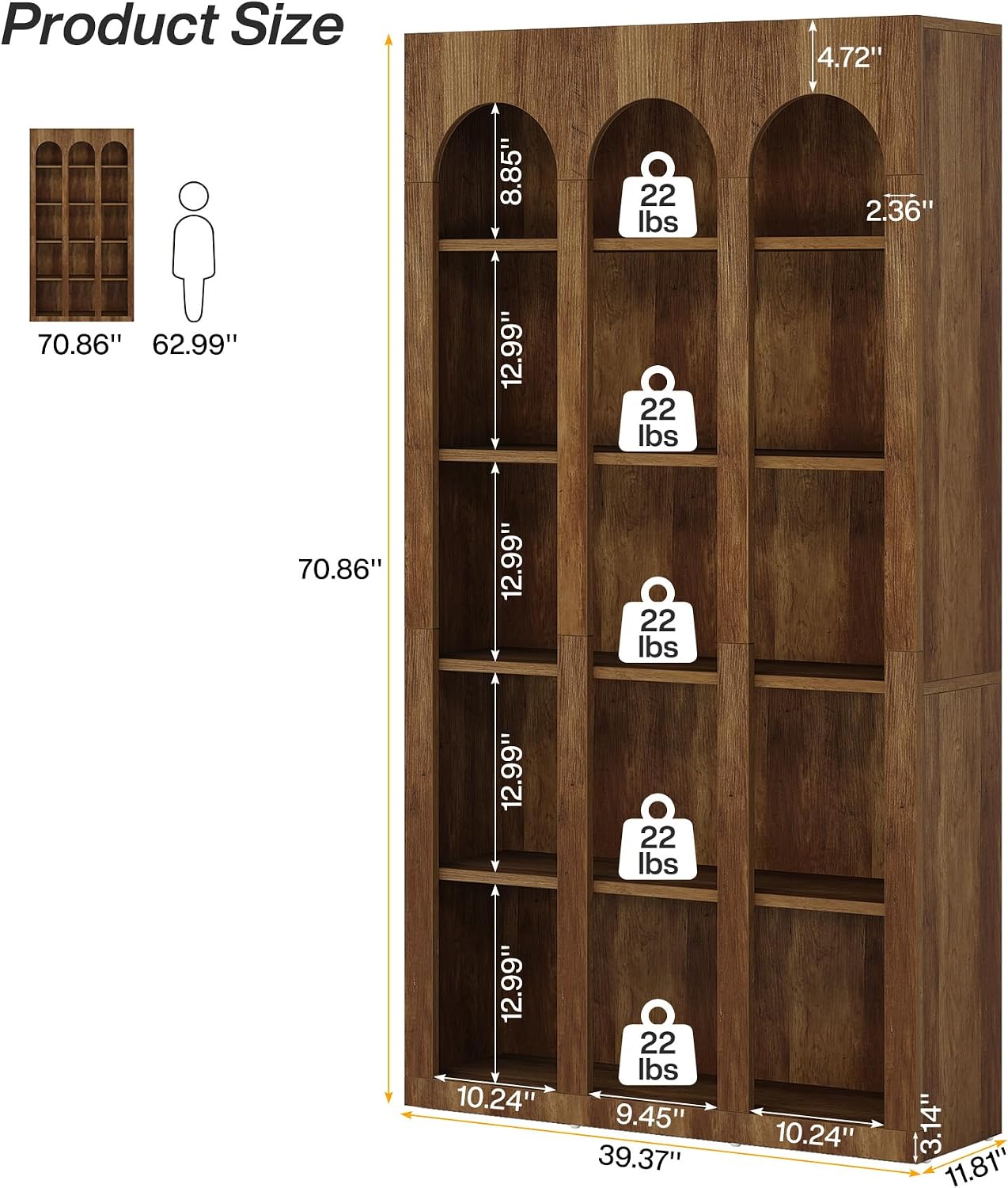 LITTLE TREE 5-Tier Bookshelf, 70.8-in Tall Bookcase with Open Shelves, Wooden Display Bookshelves and Bookcases, Vintage Display Book Shelf for Bedroom, Living Room, Office, Brown