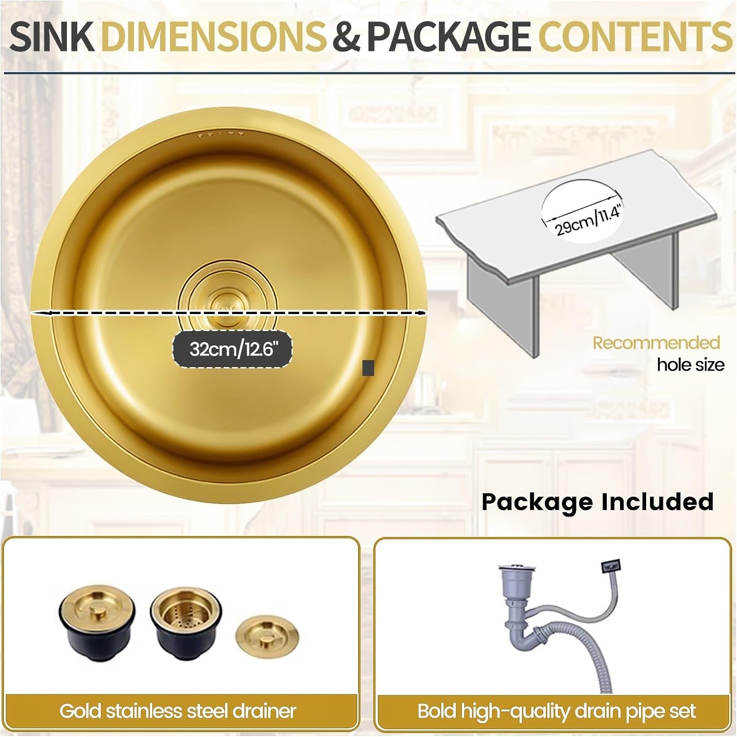 304 Stainless Steel Single Bowl Kitchen Sink, Drop-In/Undermount Workstation Sink With Drain, Handmade Small Wet Bar Sink For RV, Home, Office, Durable Washing Basin Pool(Gold,32x32x19cm)