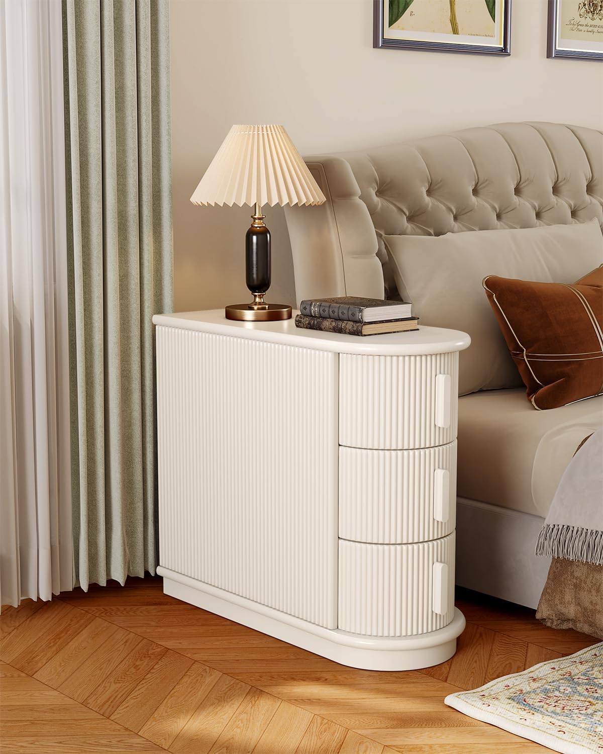 LITTLE TREE End Table with 3 Drawers, No Assembly Required & Closed Back Side Table, Mid-century Modern Sofa Side Table, White Side End Table for Living Room, Slim Nightstand Bedside Table for Bedroom