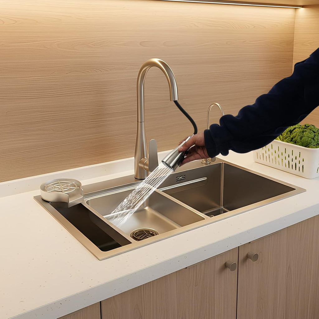DYRABREST 29.5 Inch Stainless Steel Kitchen Sink Multi-Function Commercial Sink Set with Cutting Board & Basin-in-Basin, Drop-In/Undermount Install, Cup Rinser and Drainer for Restaurant Home (Silver)